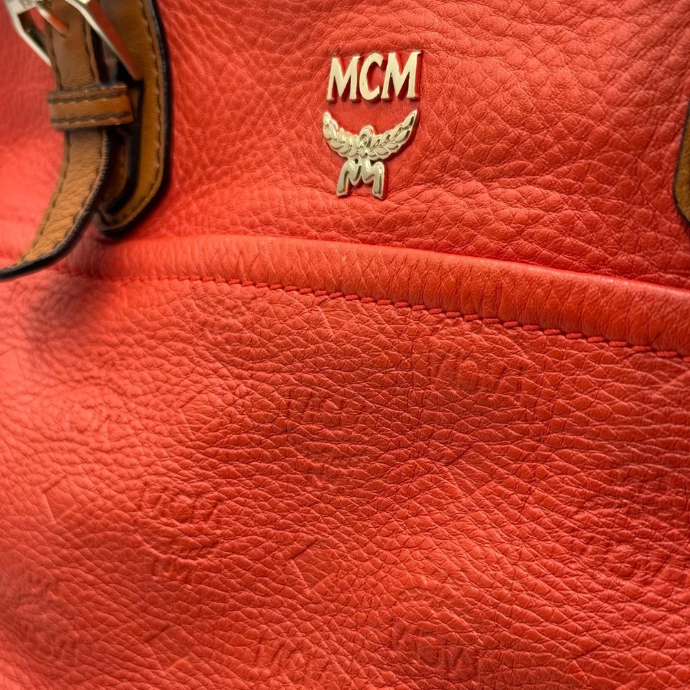 MCM Large Orange Embossed Leather Satchel two-way carry - Picture 11 of 11